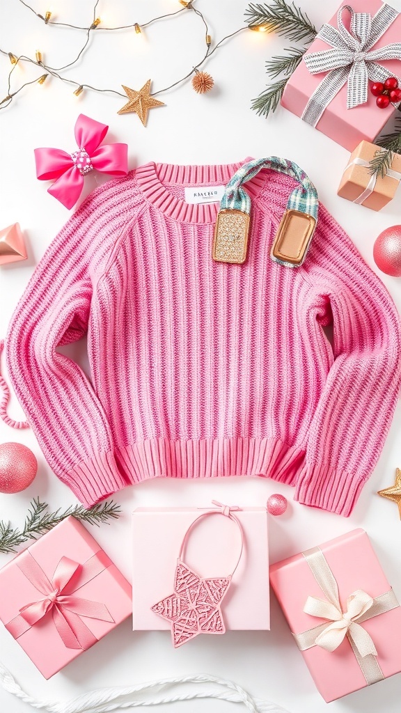 Flat lay of pink Christmas gifts including a sweater, jewelry, and decorations.